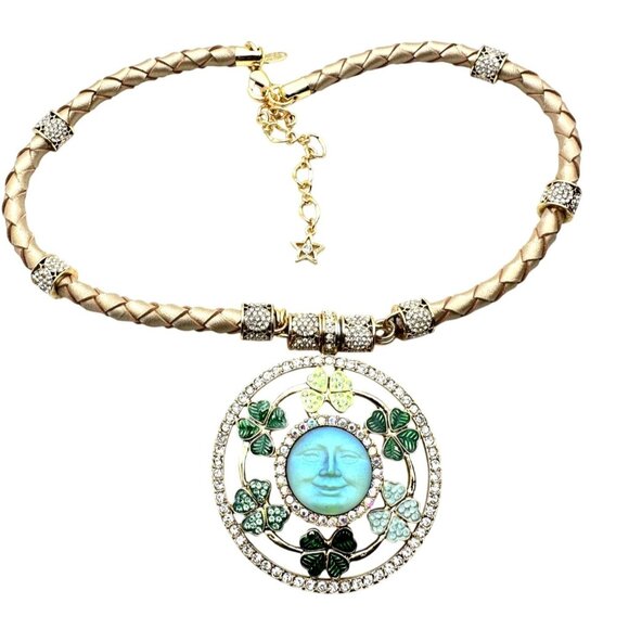 Kirks Folly Womens Necklace Crystal Magnetic Circle of Clover Seaview Moon Green - Picture 1 of 4